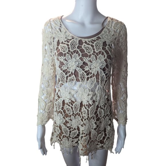 ISSI Women's Off-white Lace Crochet Tunic Top w/Fringe Festival Boho Summer Sz S - Picture 1 of 10